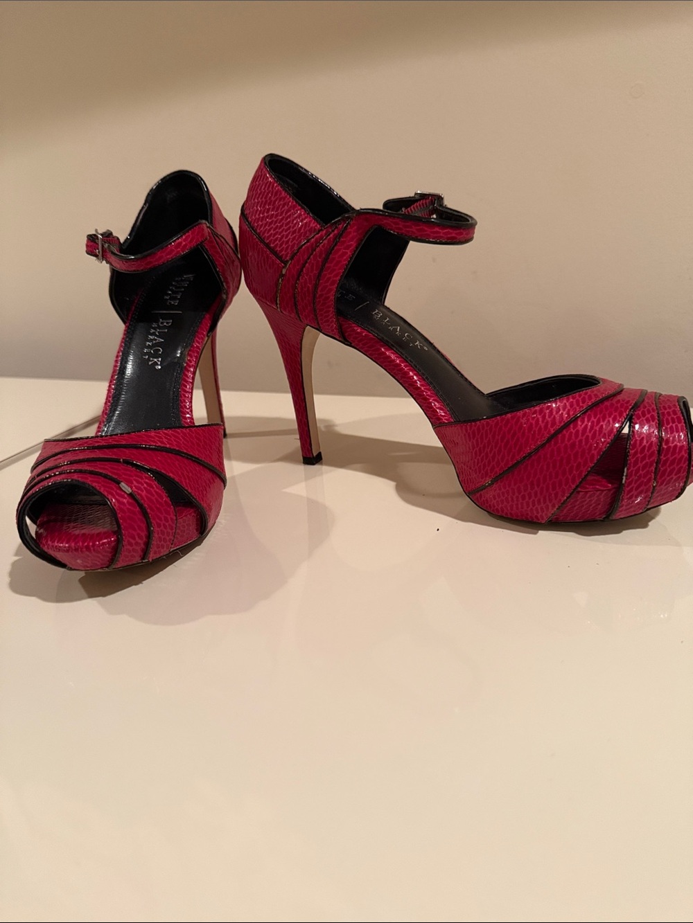 White House Black Market Fuchsia Snake-Embossed Ankle-Strap Peep-Toe Heels